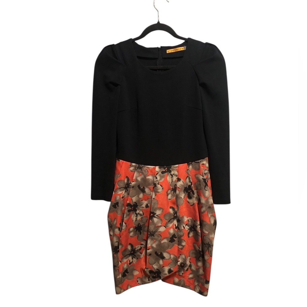 Alive + Olivia puff long sleeve  sleeve, black coral floral tulip hem mini dress